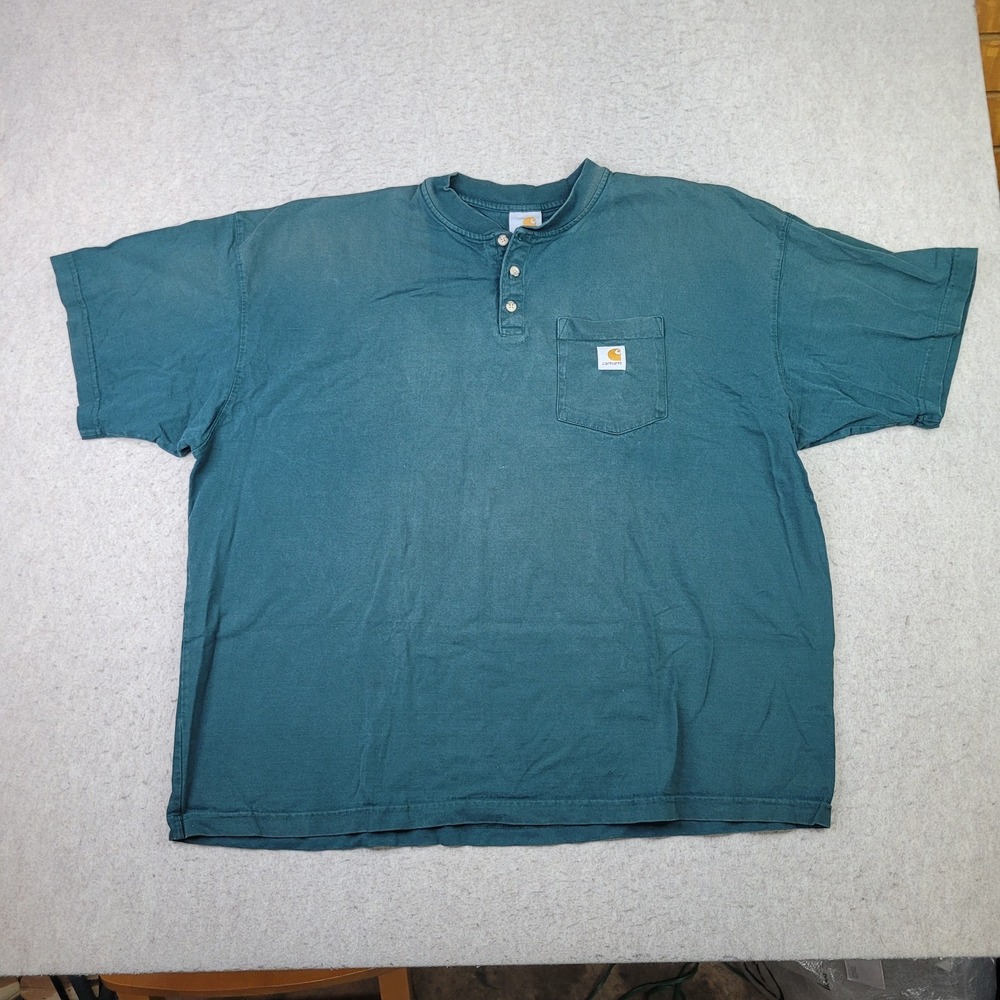 Carhartt Henley Shirt Mens 3XL Green Short Sleeve Pocket Work Wear Vintage Faded
